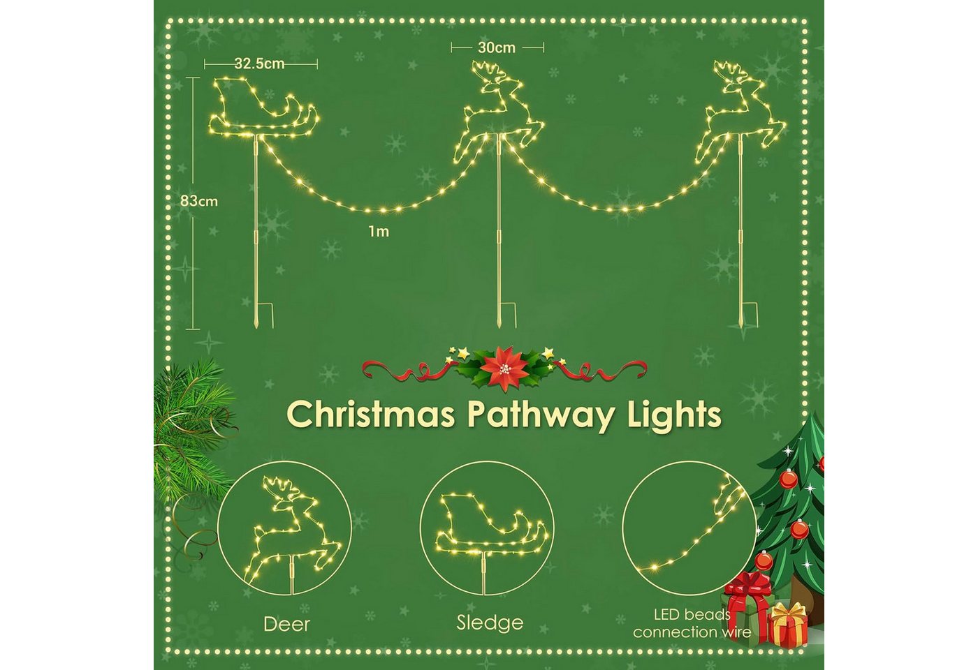 Quntis LED-Lichterkette Weihnachtsdeko Gartenstecker mit Timer, Weihnachtsbeleuchtung Garten, Rentierschlitten Warmweiß/Bunt 8 Modi für Garten, Außen, Rasen Bild 3