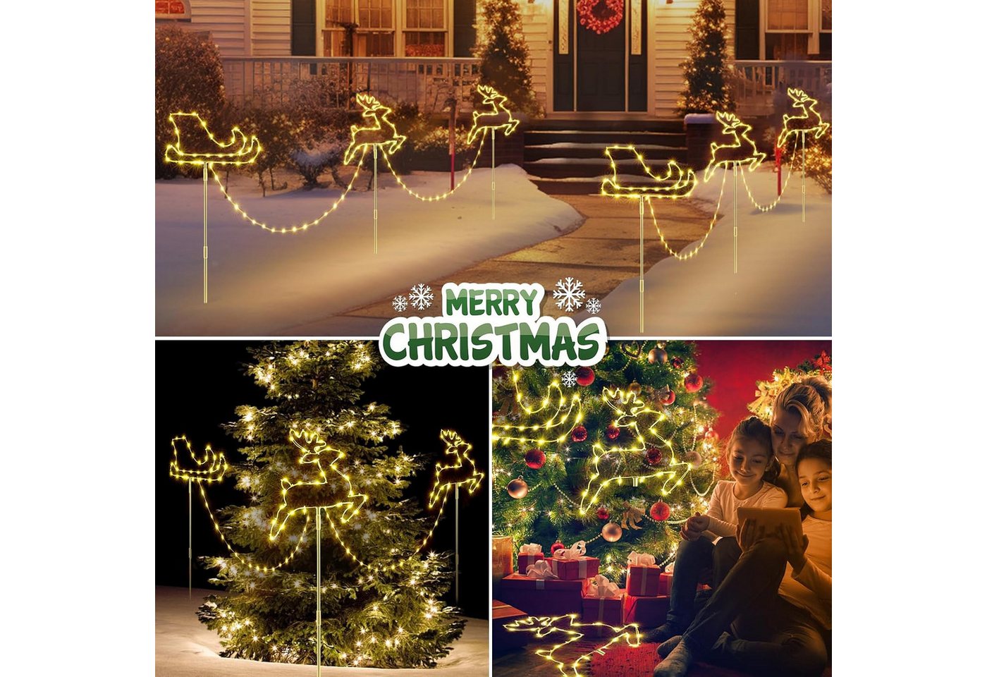 Quntis LED-Lichterkette Weihnachtsdeko Gartenstecker mit Timer, Weihnachtsbeleuchtung Garten, Rentierschlitten Warmweiß/Bunt 8 Modi für Garten, Außen, Rasen Bild 4