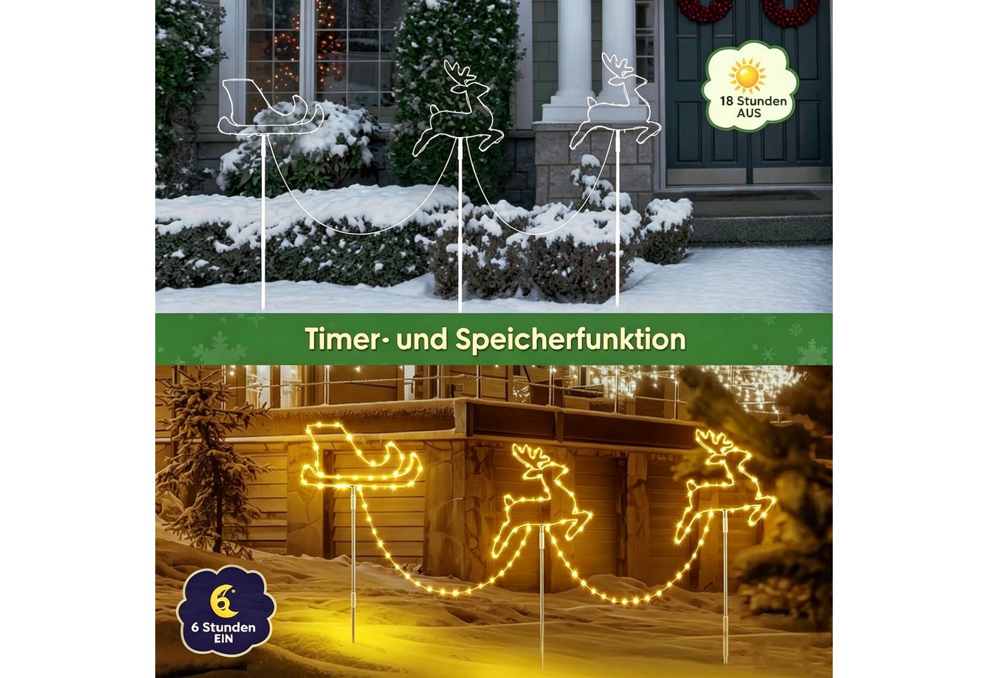 Quntis LED-Lichterkette Weihnachtsdeko Gartenstecker mit Timer, Weihnachtsbeleuchtung Garten, Rentierschlitten Warmweiß/Bunt 8 Modi für Garten, Außen, Rasen Bild 5