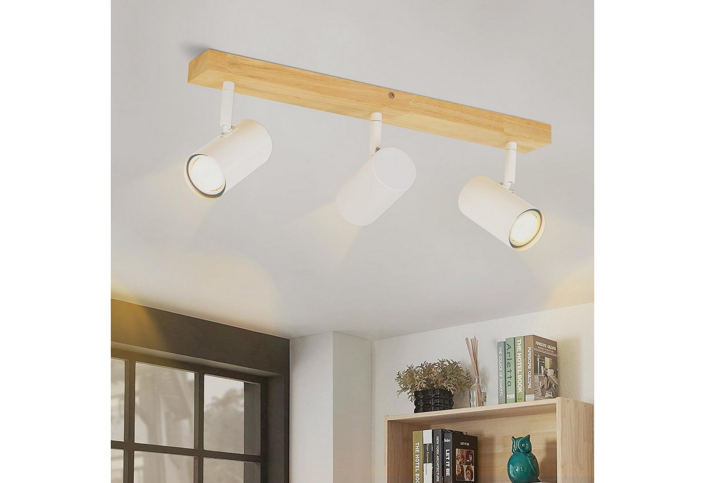 Nettlife Deckenstrahler Weiß Holz 1/2/3 Flammig GU10 Deckenspots Landhaus Deckenleuchte, Schwenkbar 350°, LED wechselbar, für Wohnzimmer Schlafzimmer Küche Korridor Esszimmer