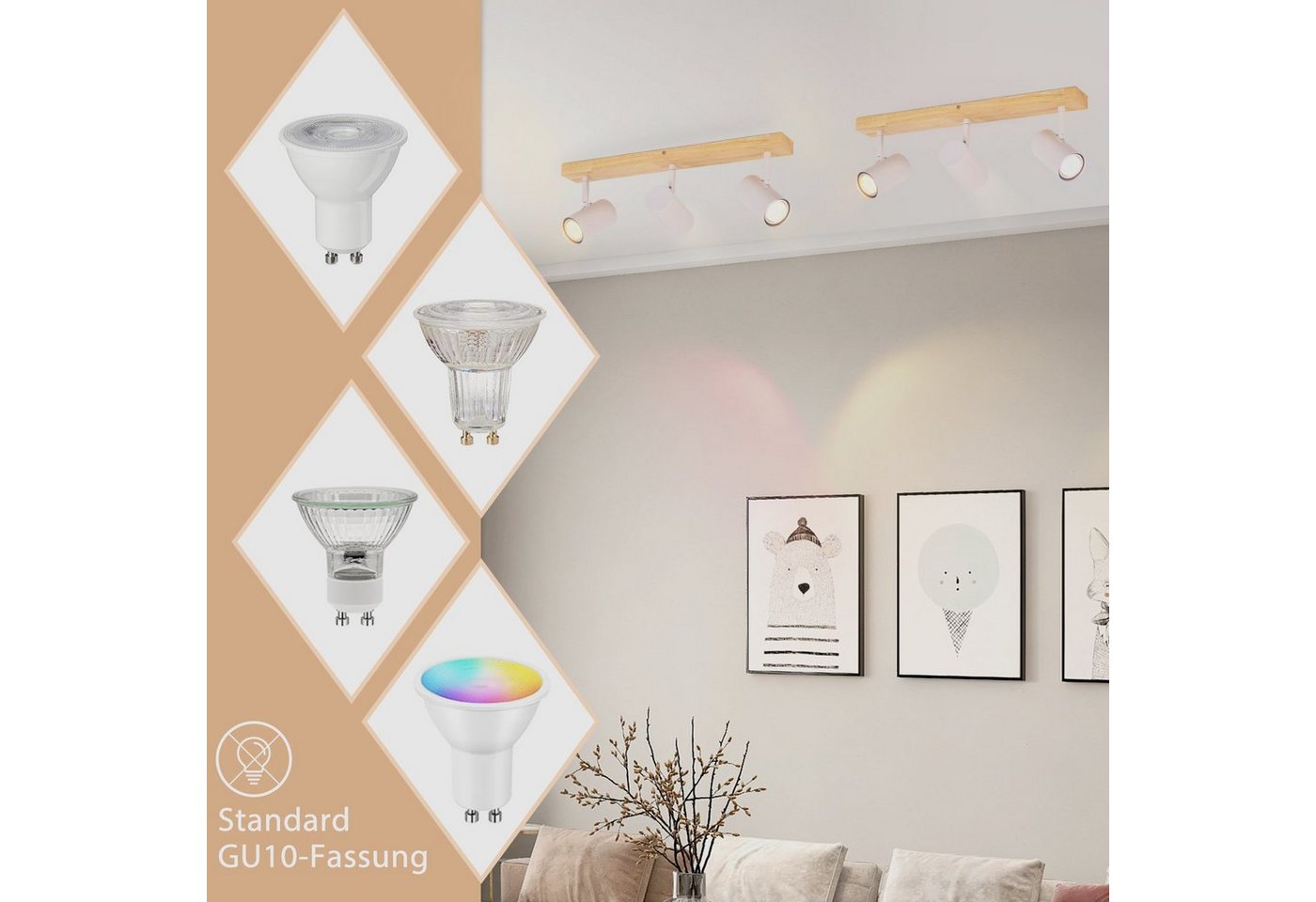 Nettlife Deckenstrahler Weiß Holz 1/2/3 Flammig GU10 Deckenspots Landhaus Deckenleuchte, Schwenkbar 350°, LED wechselbar, für Wohnzimmer Schlafzimmer Küche Korridor Esszimmer Bild 3