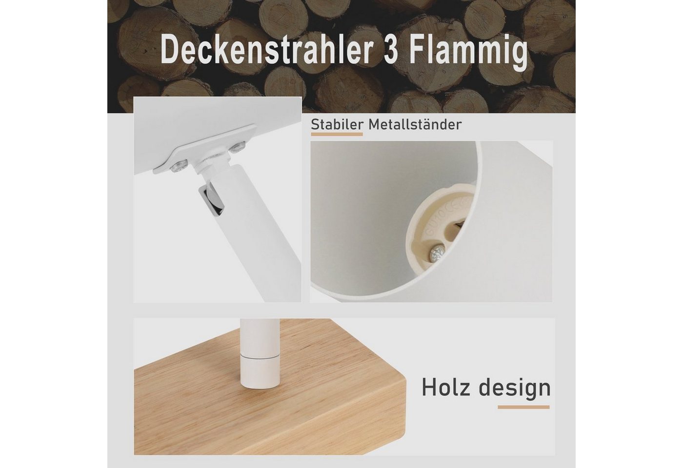 Nettlife Deckenstrahler Weiß Holz 1/2/3 Flammig GU10 Deckenspots Landhaus Deckenleuchte, Schwenkbar 350°, LED wechselbar, für Wohnzimmer Schlafzimmer Küche Korridor Esszimmer Bild 5