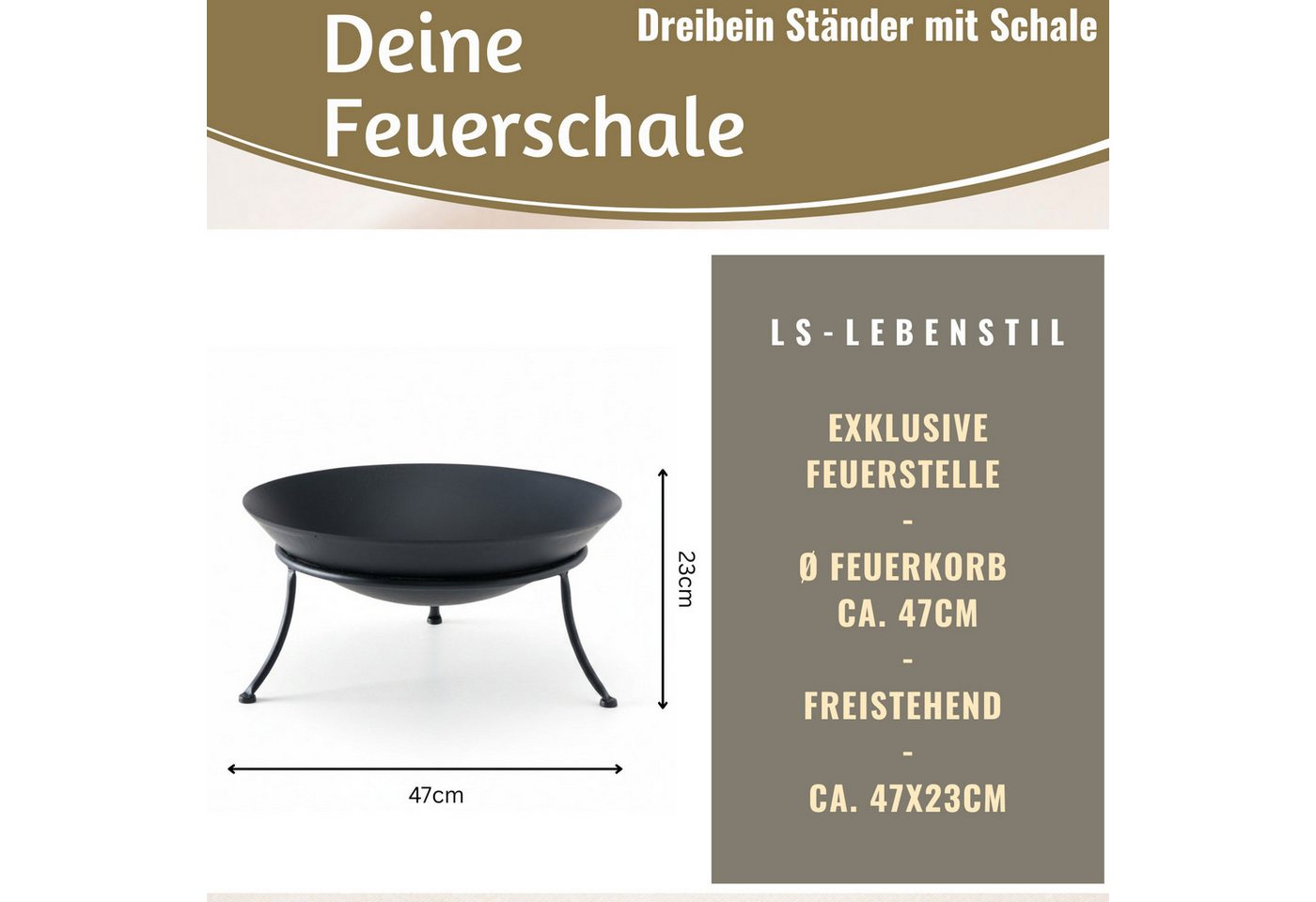 LS-LebenStil Feuerschale XL Eisen Schwarz 47cm Feuerkorb Terrassenfeuer Feuerstelle Gartenkamin, (für Stockbrot am Lagerfeuer, für Draußen Outdoor, Gartenfeuer, 1-St), oder auch als Pflanzschale für Garten und Terrasse Bild 5