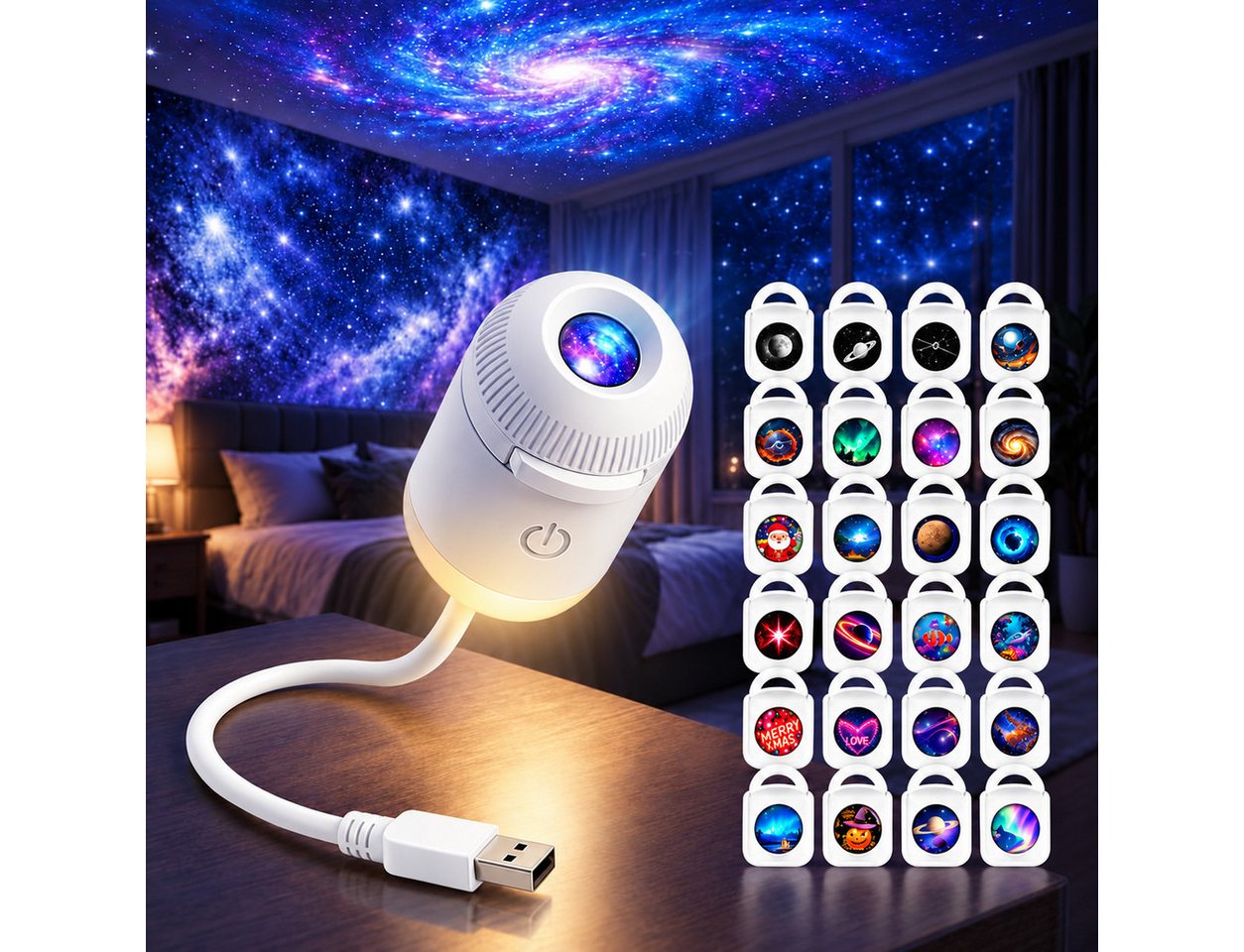 ibettertec LED-Sternenhimmel Galaxy Projektor LED Nachtlampe mit 24 Sternenhimmel-Motiven, USB-Nachtlicht für Schlafzimmer, Kinderzimmer und gemütliche Abende Bild 3