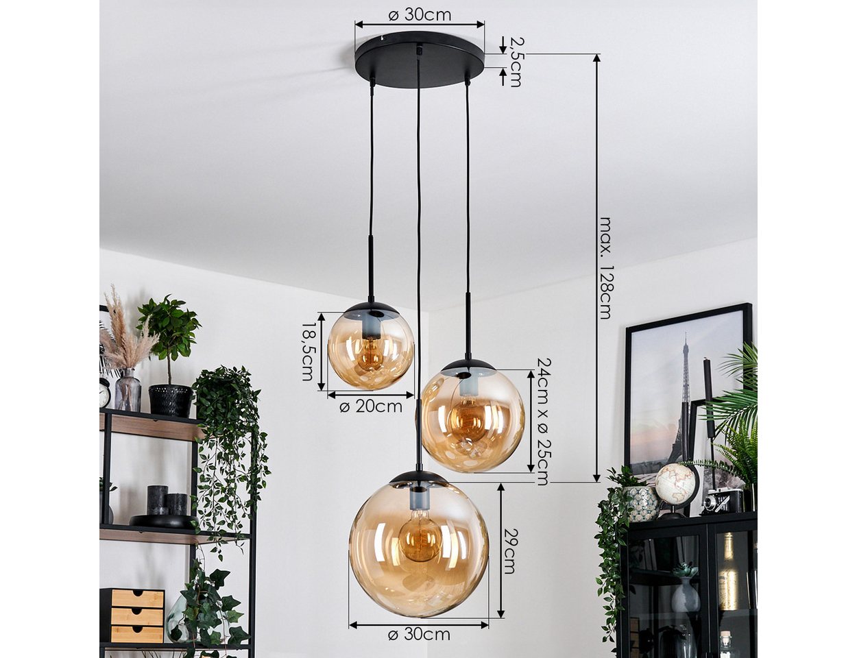 hofstein Hängeleuchte moderne Retro/Vintage Hängelampe aus Metall/Glas in Schwarz/Bernstein, ohne Leuchtmittel Bild 3
