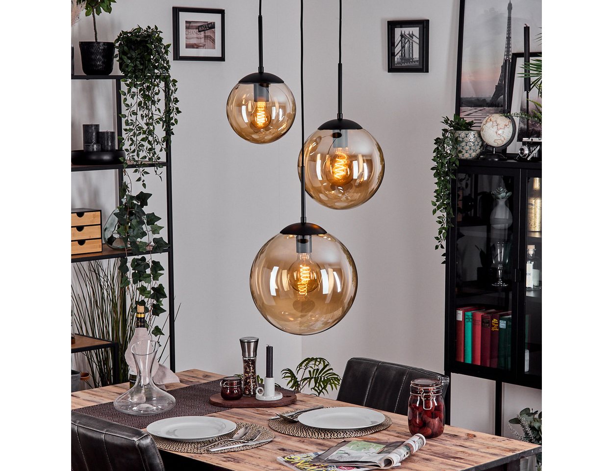hofstein Hängeleuchte moderne Retro/Vintage Hängelampe aus Metall/Glas in Schwarz/Bernstein, ohne Leuchtmittel Bild 5