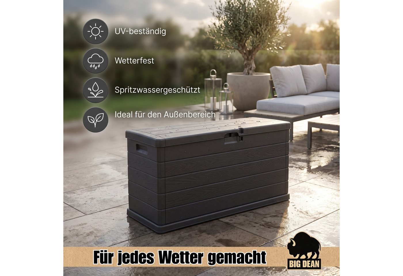 BigDean Auflagenbox Kissenbox 210 Liter extra schmal für kleinere Balkone (1 St), Platzsparend, Holzoptik, Laufrollen