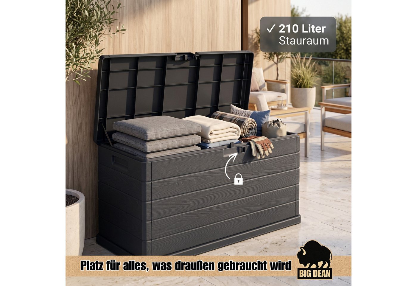 BigDean Auflagenbox Kissenbox 210 Liter extra schmal für kleinere Balkone (1 St), Platzsparend, Holzoptik, Laufrollen Bild 3