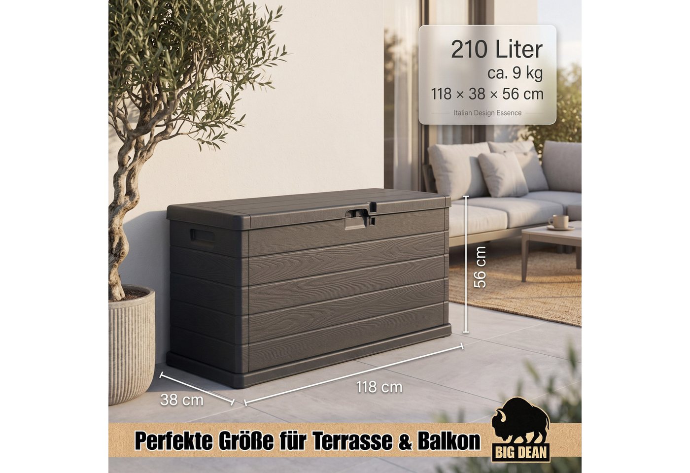 BigDean Auflagenbox Kissenbox 210 Liter extra schmal für kleinere Balkone (1 St), Platzsparend, Holzoptik, Laufrollen Bild 4
