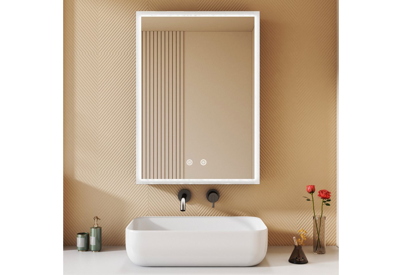 WDWRITTI Wandhängeschrank Alu Spiegelschrank Bad mit Beleuchtung 70cm breit 50x70cm, Badezimmerspiegelschrank Hängeschrank 3Lichtmodi Dimmbar Anti-fog Memory, mit Netzadapter, IP44