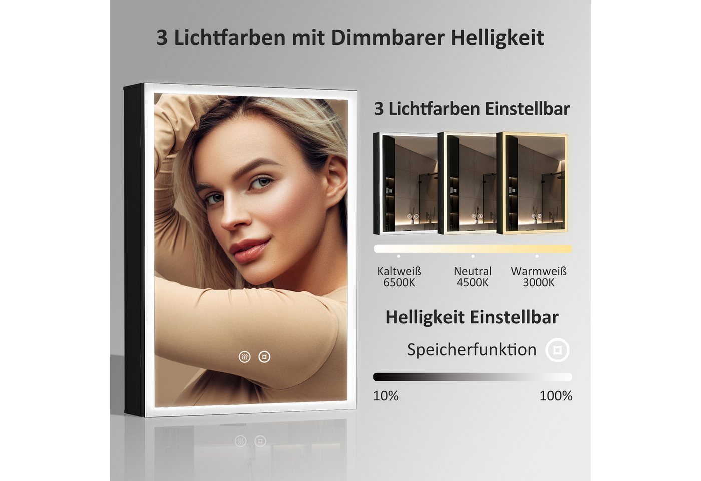 WDWRITTI Wandhängeschrank Alu Spiegelschrank Bad mit Beleuchtung 70cm breit 50x70cm, Badezimmerspiegelschrank Hängeschrank 3Lichtmodi Dimmbar Anti-fog Memory, mit Netzadapter, IP44 Bild 2