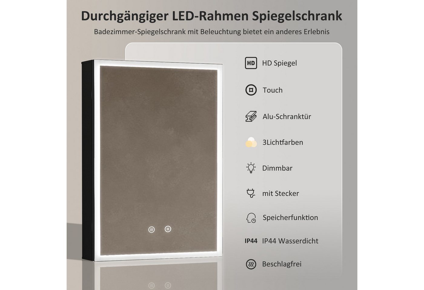 WDWRITTI Wandhängeschrank Alu Spiegelschrank Bad mit Beleuchtung 70cm breit 50x70cm, Badezimmerspiegelschrank Hängeschrank 3Lichtmodi Dimmbar Anti-fog Memory, mit Netzadapter, IP44 Bild 3
