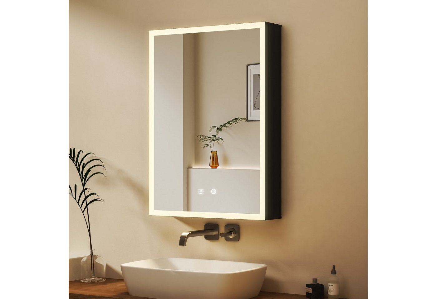WDWRITTI Wandhängeschrank Alu Spiegelschrank Bad mit Beleuchtung 70cm breit 50x70cm, Badezimmerspiegelschrank Hängeschrank 3Lichtmodi Dimmbar Anti-fog Memory, mit Netzadapter, IP44 Bild 4