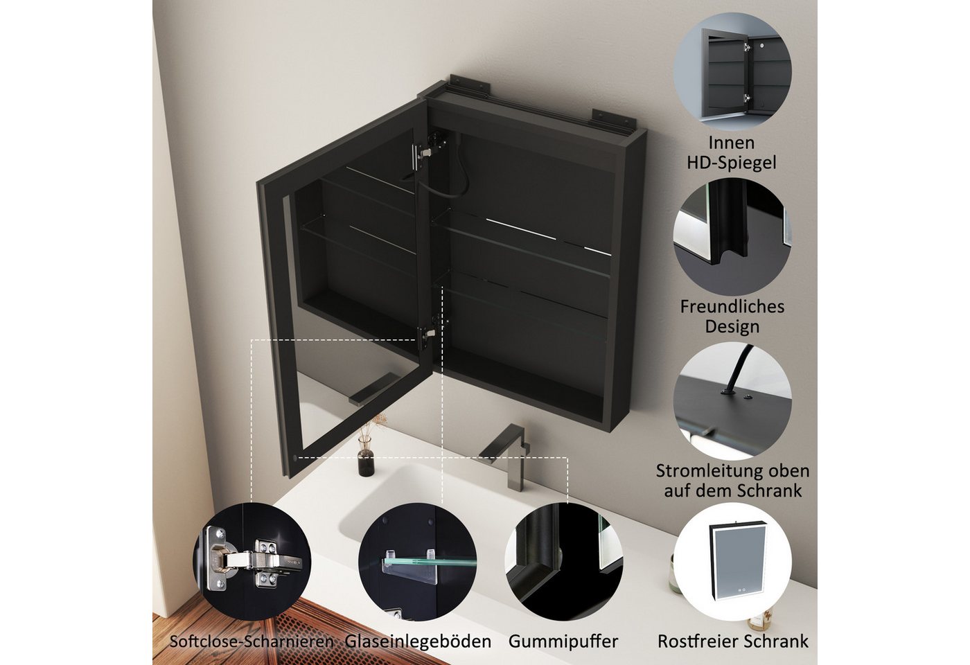 WDWRITTI Wandhängeschrank Alu Spiegelschrank Bad mit Beleuchtung 70cm breit 50x70cm, Badezimmerspiegelschrank Hängeschrank 3Lichtmodi Dimmbar Anti-fog Memory, mit Netzadapter, IP44 Bild 5