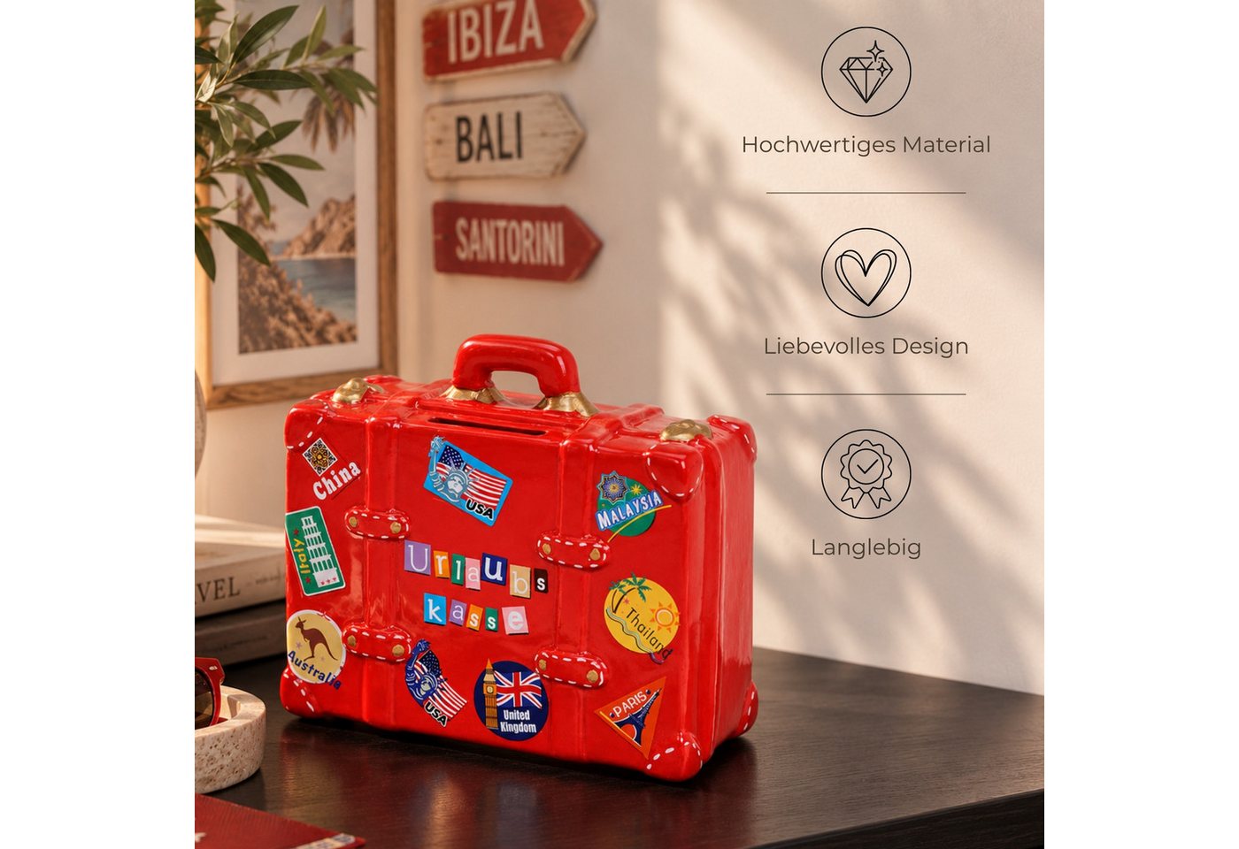 matches21 HOME & HOBBY Bilderrahmen Große Spardose Reise-Koffer rot 13 cm Urlaubskasse mit Schlüssel, Keramik Sparbüchse abschließbar Bild 2