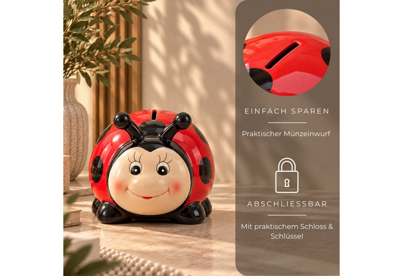matches21 HOME & HOBBY Bilderrahmen Große Spardose Reise-Koffer rot 13 cm Urlaubskasse mit Schlüssel, Keramik Sparbüchse abschließbar Bild 4