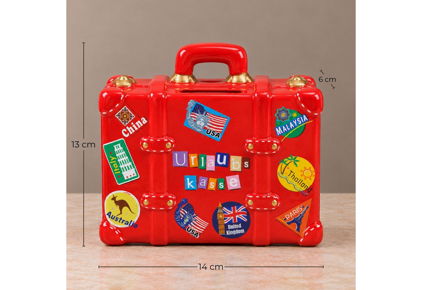 matches21 HOME & HOBBY Bilderrahmen Große Spardose Reise-Koffer rot 13 cm Urlaubskasse mit Schlüssel, Keramik Sparbüchse abschließbar Bild 5