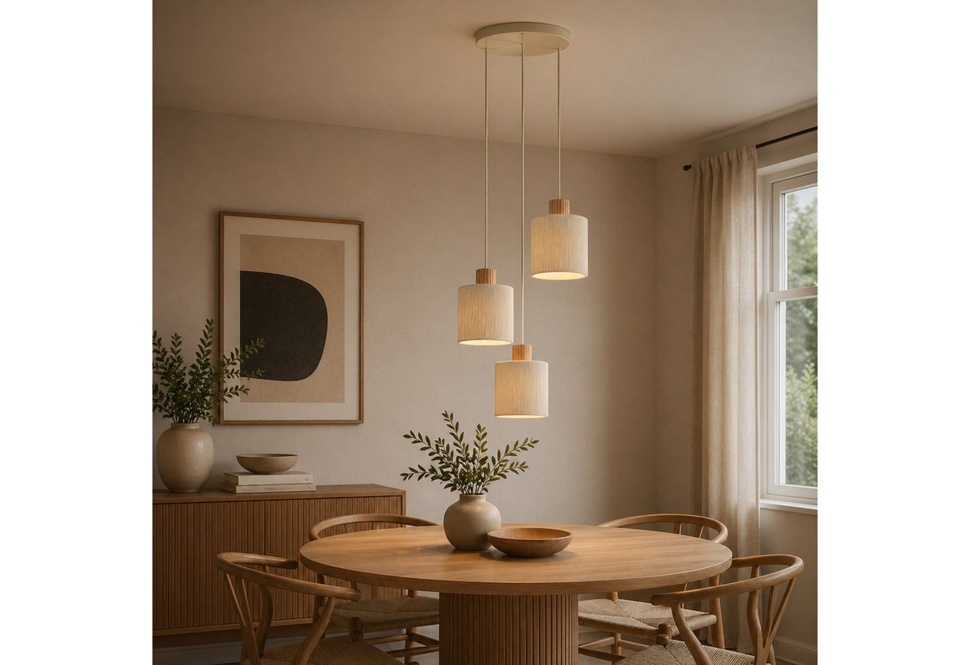 Lightbox Pendelleuchte, ohne Leuchtmittel, Pendelleuchte, Höhe 150cm, Ø 40cm, 3 x E27 Fassung, Textil/Holz, beige