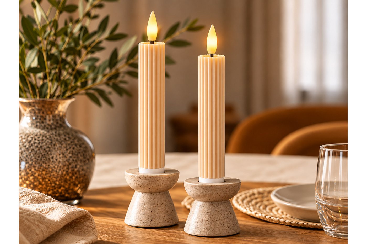 dasmöbelwerk LED-Kerze LED-Stabkerzen 2er Set Ø2,2x15,5 cm Dinnerkerze Riffel Timer Beige, Leuchtmittel nicht enthalten