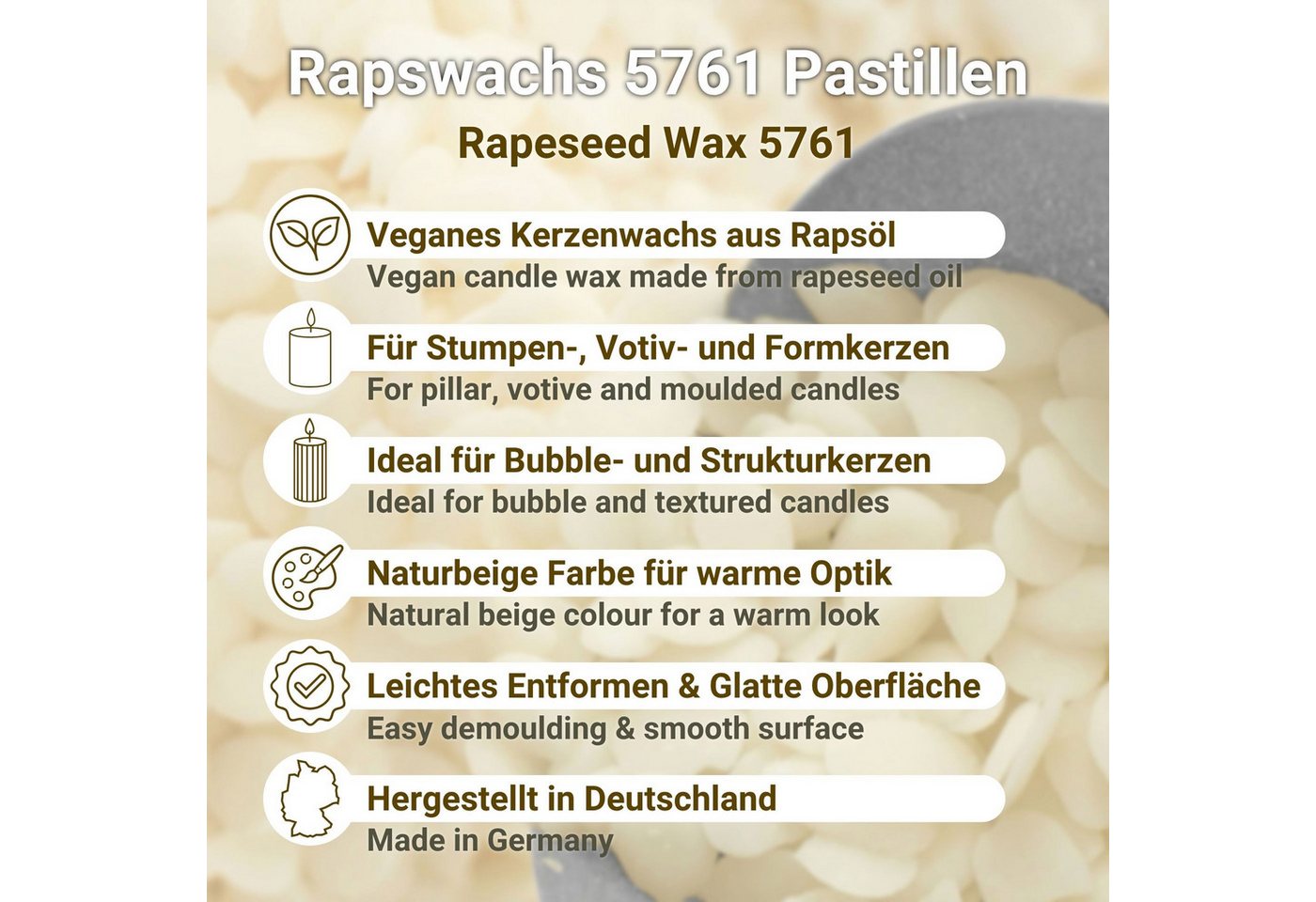 DistrEbution Bastelnaturmaterial Rapswachs Pastillen, Kerzenwachs 1–25 kg Veganes, pflanzliches Wachs, Kerzen gießen, ideal für Stumpenkerzen, Strukturkerzen & Motivkerzen Bild 5