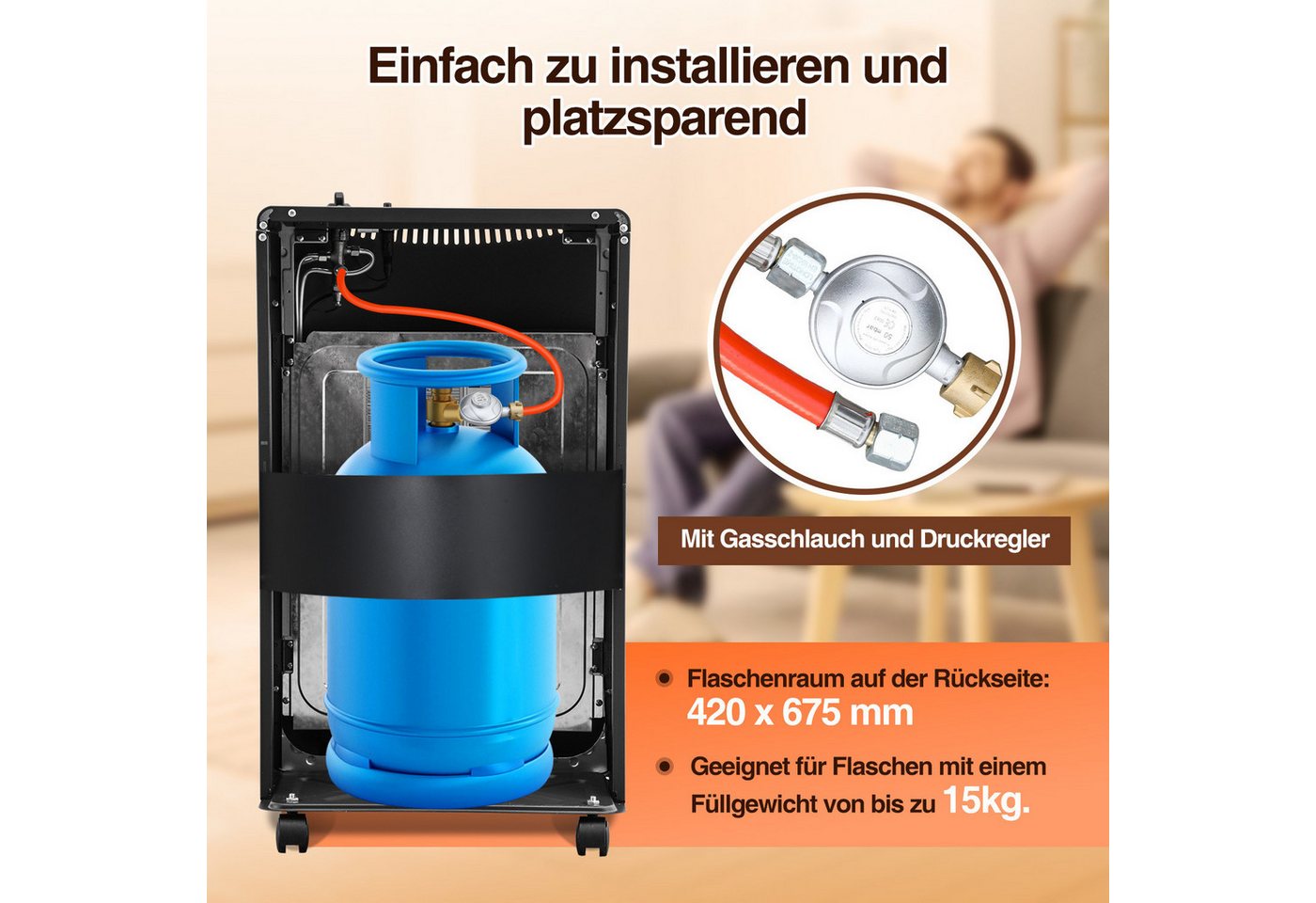 Clanmacy Heizgerät Gasheizung, inkl. Euro-Adapter, zusammenklappbar, 42x15x68cm (zusammen, 4200 W Bild 3