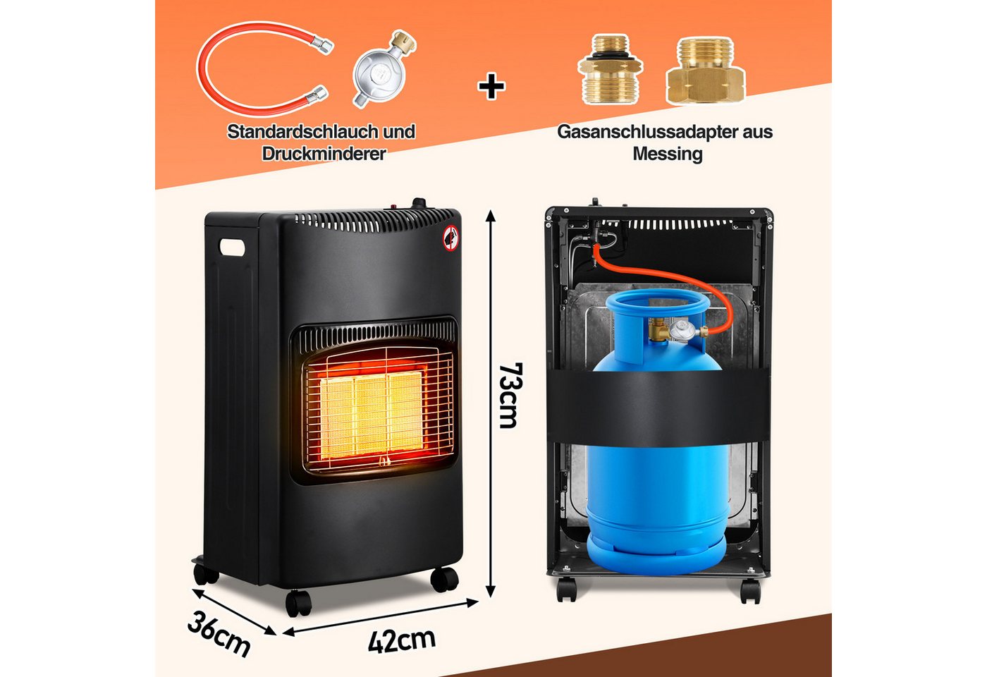 Clanmacy Heizgerät Keramik-Gasheizofen, 4200W mobil, inkl. Euro-Adapter, Gasdruckregler, 4200 W