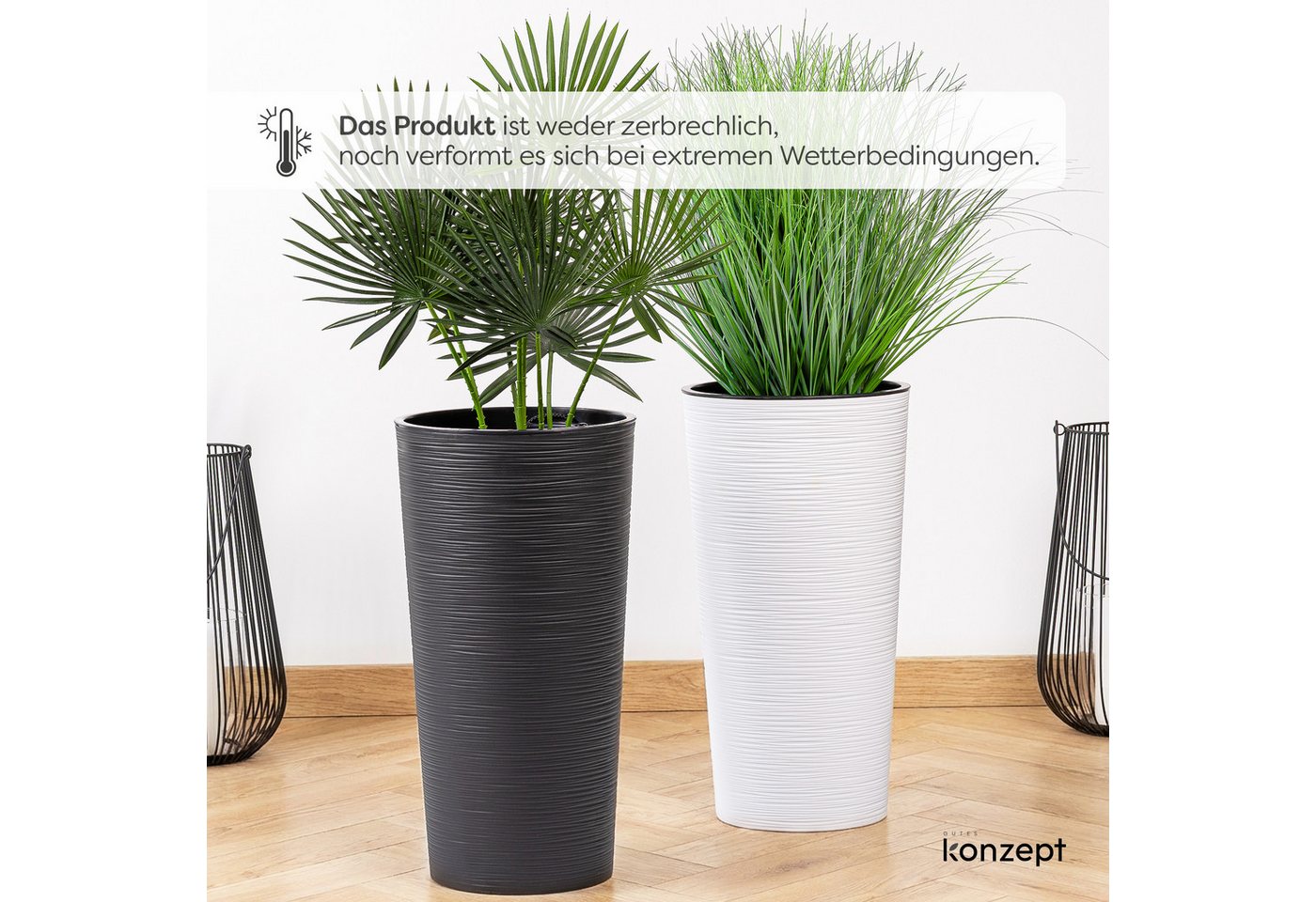 KONZEPT Blumentopf hoch 57 cm aus Kunststoff mit Einsatz, Ø 29,5cm, Indoor, Meißel-Optik, Outdoor, UV- & wetterbeständig, mit Einsatz