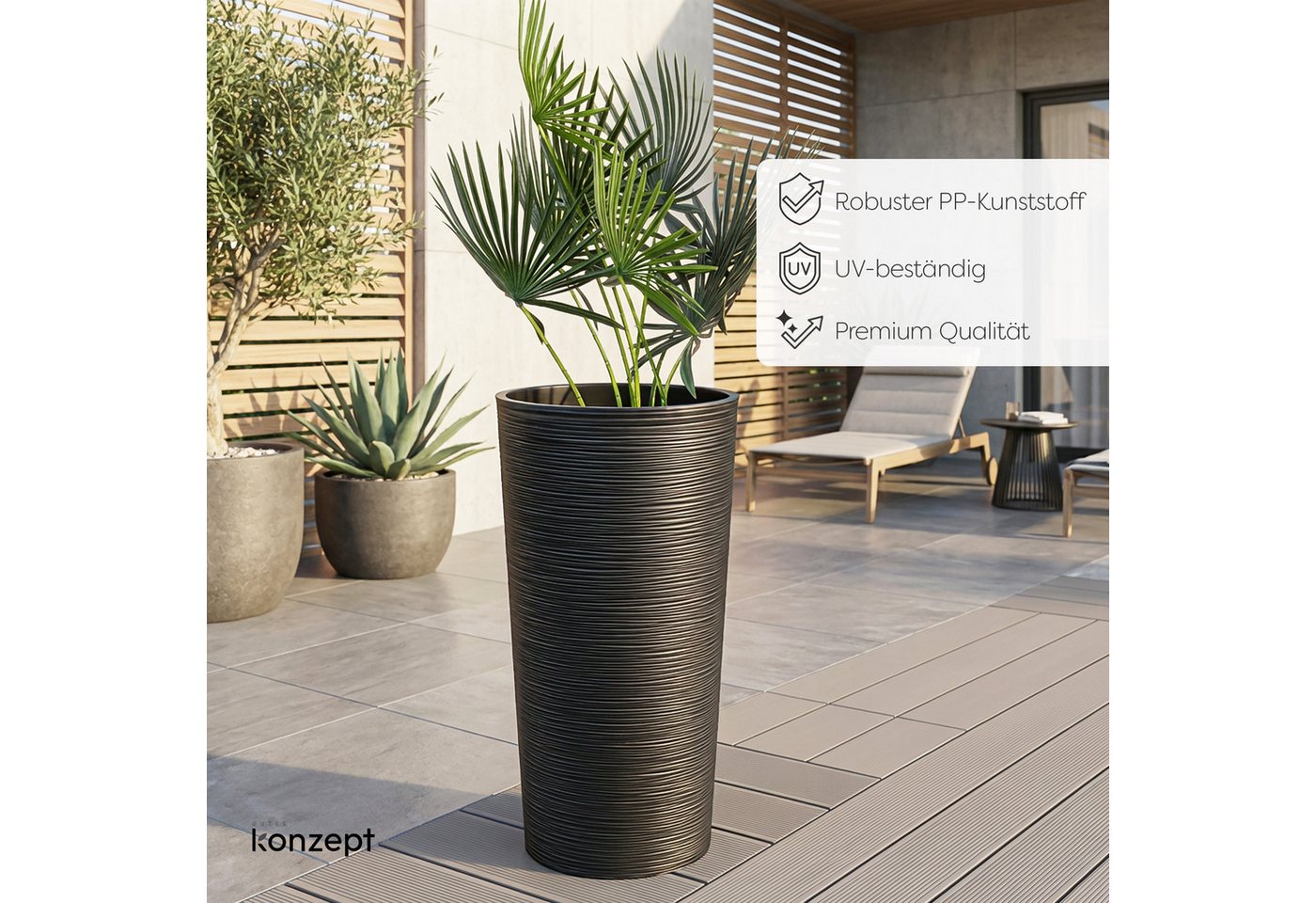 KONZEPT Blumentopf hoch 57 cm aus Kunststoff mit Einsatz, Ø 29,5cm, Indoor, Meißel-Optik, Outdoor, UV- & wetterbeständig, mit Einsatz Bild 5