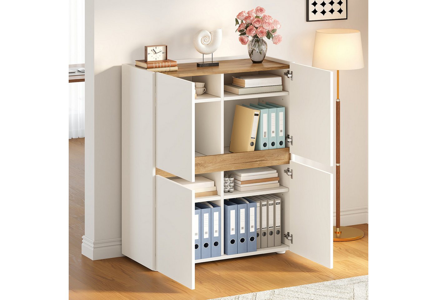 Flieks Aktenschrank Highboard mit Arbeitsplatte in Holzoptik Natur, 4 Türen, 8 Fächern (90x40x110 cm, 1-St) Mehrzweckschrank Bücherregal mit verstellbare Einlegeböden Weiß Bild 3