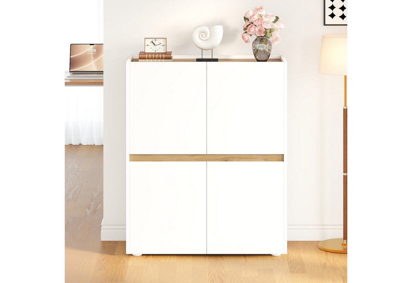 Flieks Aktenschrank Highboard mit Arbeitsplatte in Holzoptik Natur, 4 Türen, 8 Fächern (90x40x110 cm, 1-St) Mehrzweckschrank Bücherregal mit verstellbare Einlegeböden Weiß Bild 4
