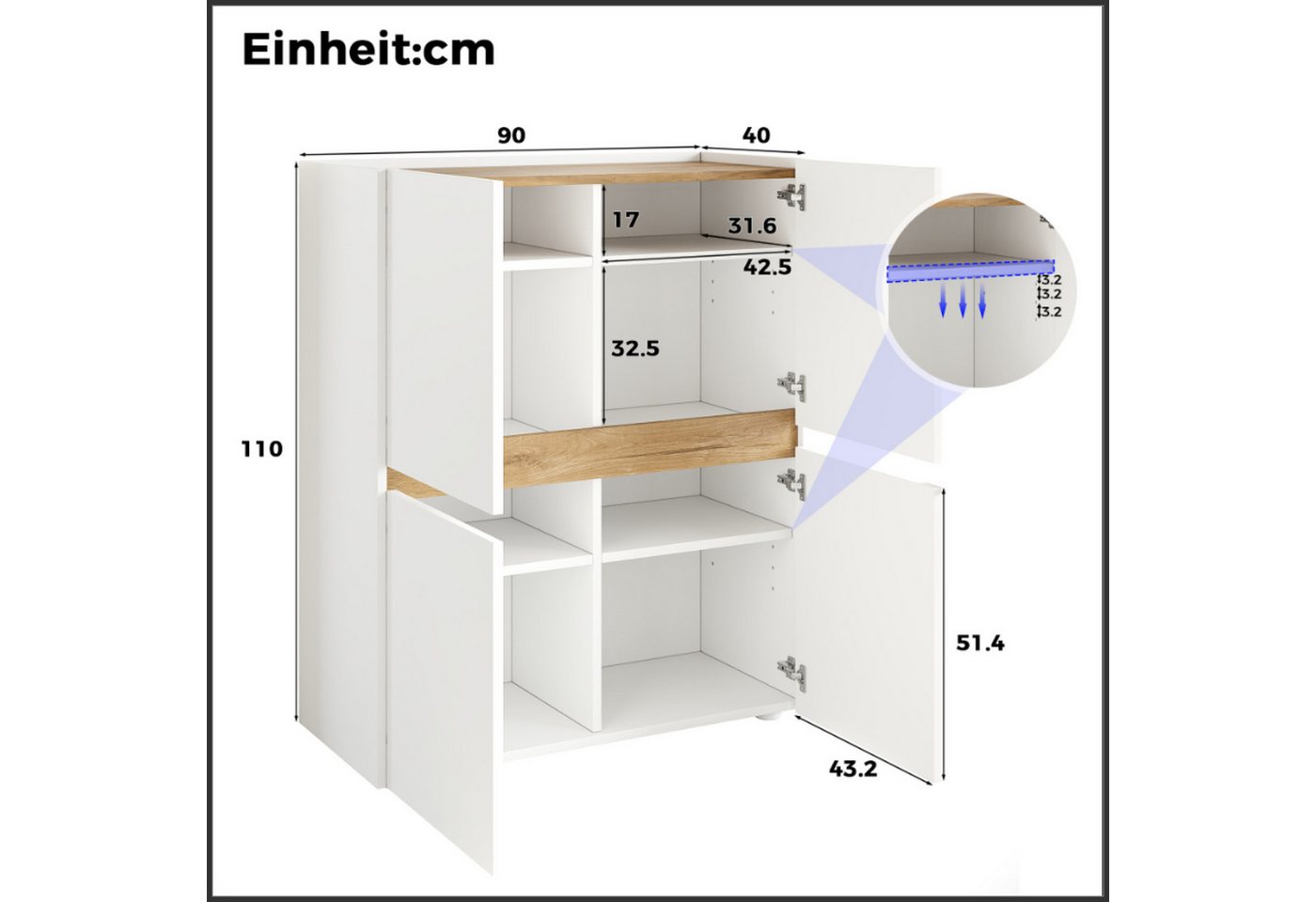 Flieks Aktenschrank Highboard mit Arbeitsplatte in Holzoptik Natur, 4 Türen, 8 Fächern (90x40x110 cm, 1-St) Mehrzweckschrank Bücherregal mit verstellbare Einlegeböden Weiß Bild 5