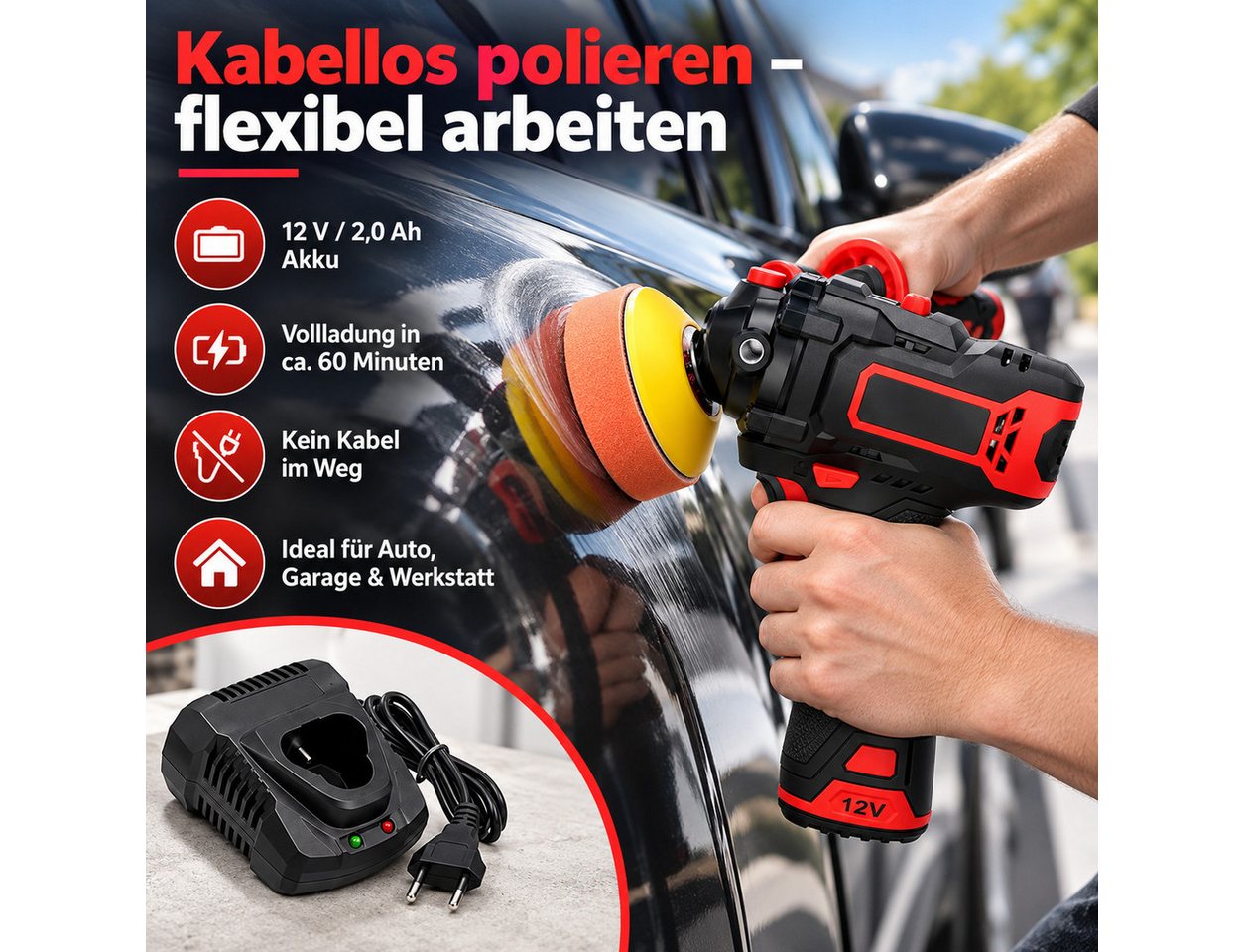 Diyarts Akku-Poliermaschine, 7800 min. U/min, 2600 max. U/min, Ø 76 mm, 6 mm Hub, Seitengriff, Polier-/Schleifzubehör, Hartschalenkoffer Bild 3