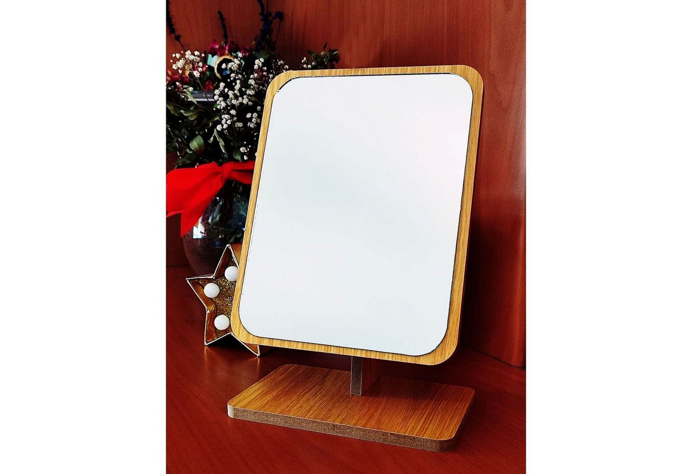Jungengel Kosmetikspiegel Rechteckig Standspiegel Schminkspiegel 24x16cm Tischspiegel Holz (1-St), Verstellbarer Tischspiegel, Klare Spiegeloberfläche, Ideales Format
