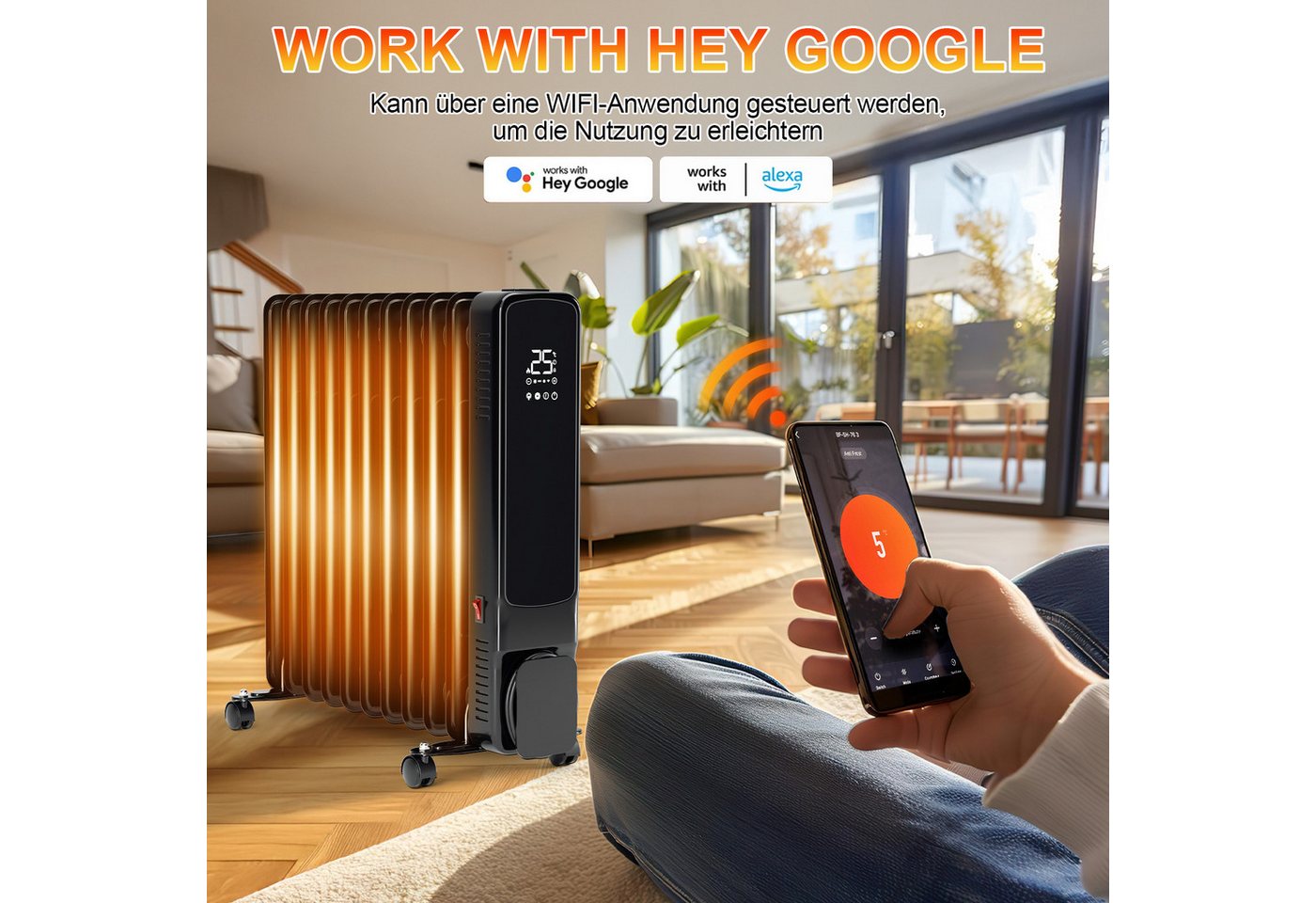 Clanmacy Ölradiator 2500W 11 Rippen mit LCD-Display WiFi Mobil Öl Radiator Heizung Schwarz, 2500 W