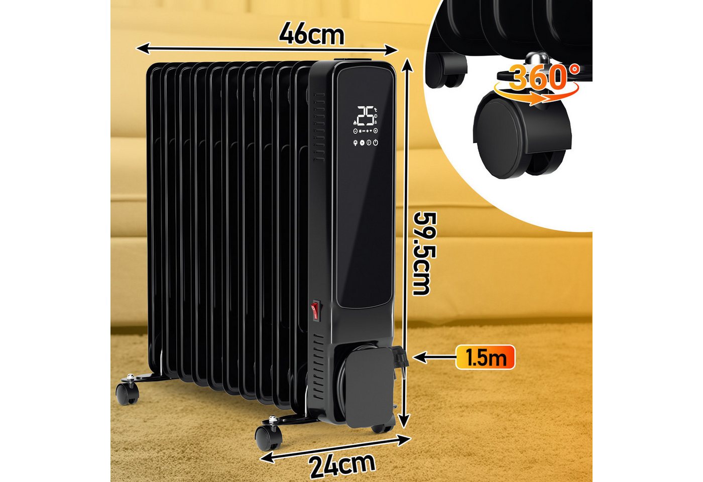 Clanmacy Ölradiator 2500W 11 Rippen mit LCD-Display WiFi Mobil Öl Radiator Heizung Schwarz, 2500 W Bild 2