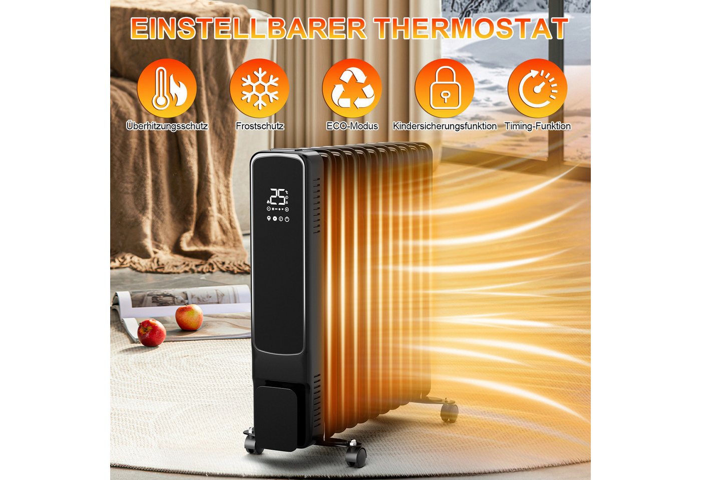 Clanmacy Ölradiator 2500W 11 Rippen mit LCD-Display WiFi Mobil Öl Radiator Heizung Schwarz, 2500 W Bild 3