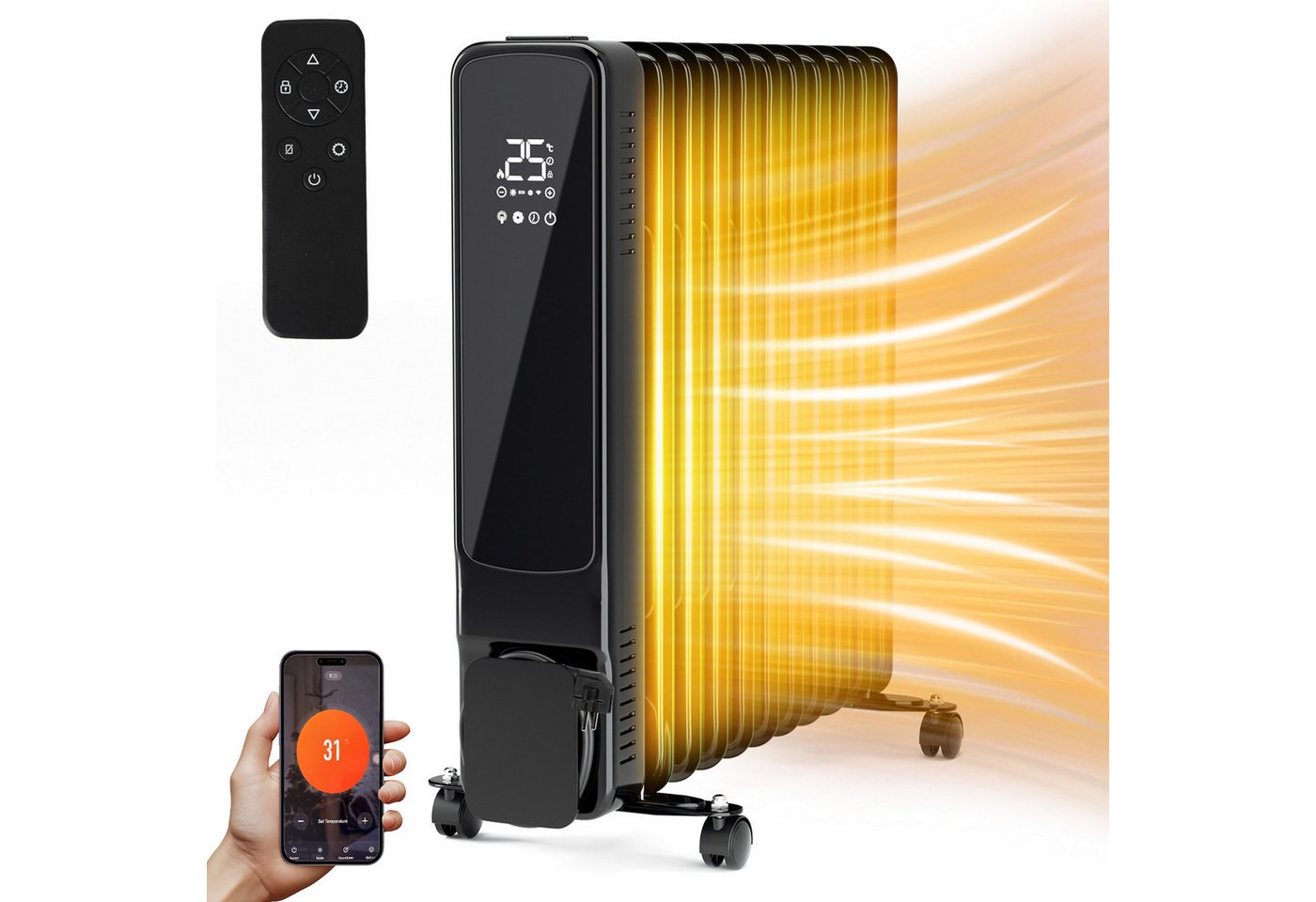 Clanmacy Ölradiator 2500W 11 Rippen mit LCD-Display WiFi Mobil Öl Radiator Heizung Schwarz, 2500 W Bild 4