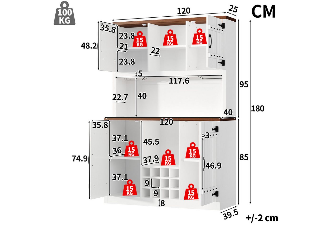 Flieks Küchenbuffet Hochschrank im Scheunentor-Stil mit LED-Beleuchtung, Weinregalen (B120/T40/H180 cm, 1-St) Küchenschrank mit Arbeitsplatte Walnussholzfarbe, verstellbare Ablagen