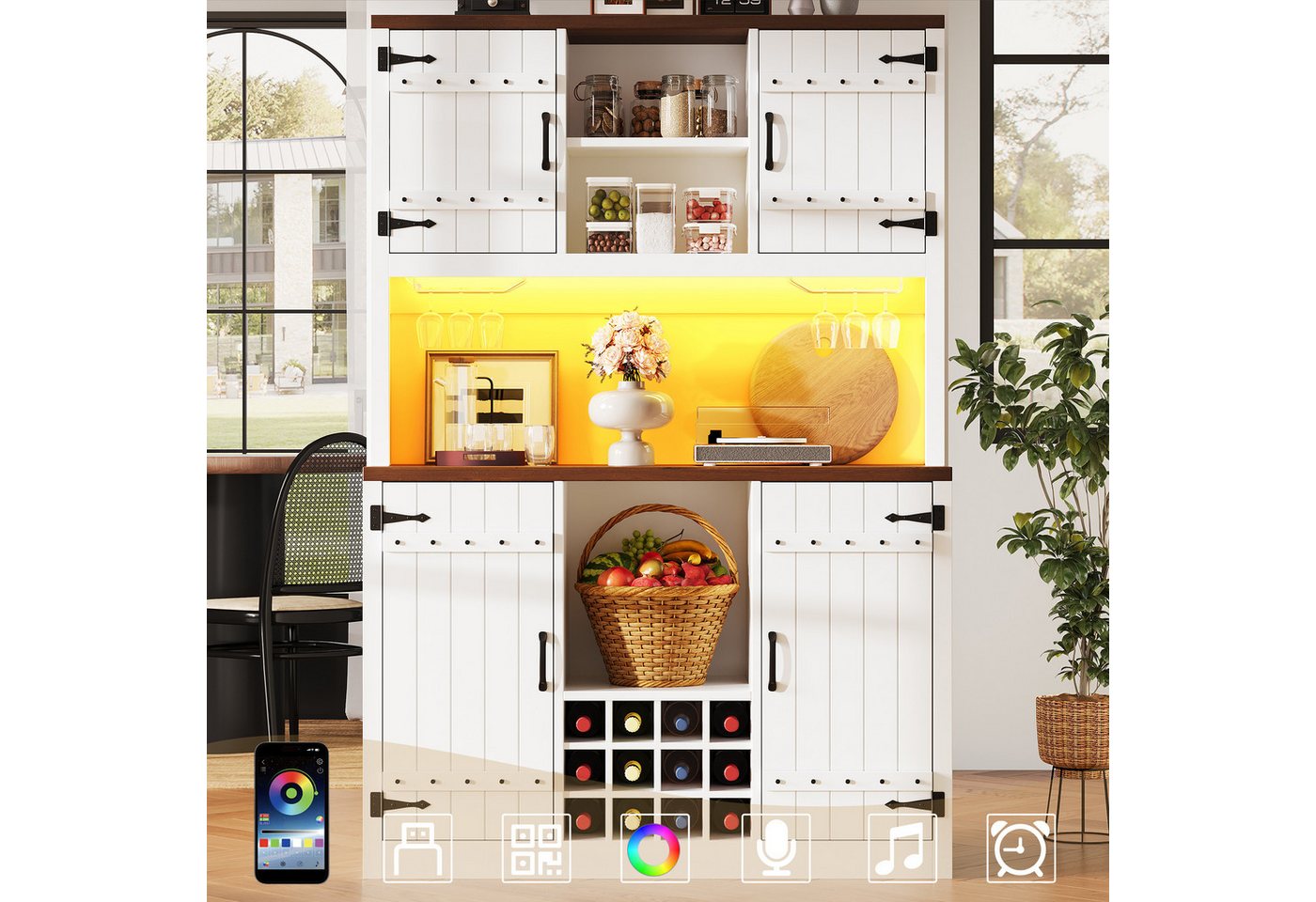 Flieks Küchenbuffet Hochschrank im Scheunentor-Stil mit LED-Beleuchtung, Weinregalen (B120/T40/H180 cm, 1-St) Küchenschrank mit Arbeitsplatte Walnussholzfarbe, verstellbare Ablagen Bild 2