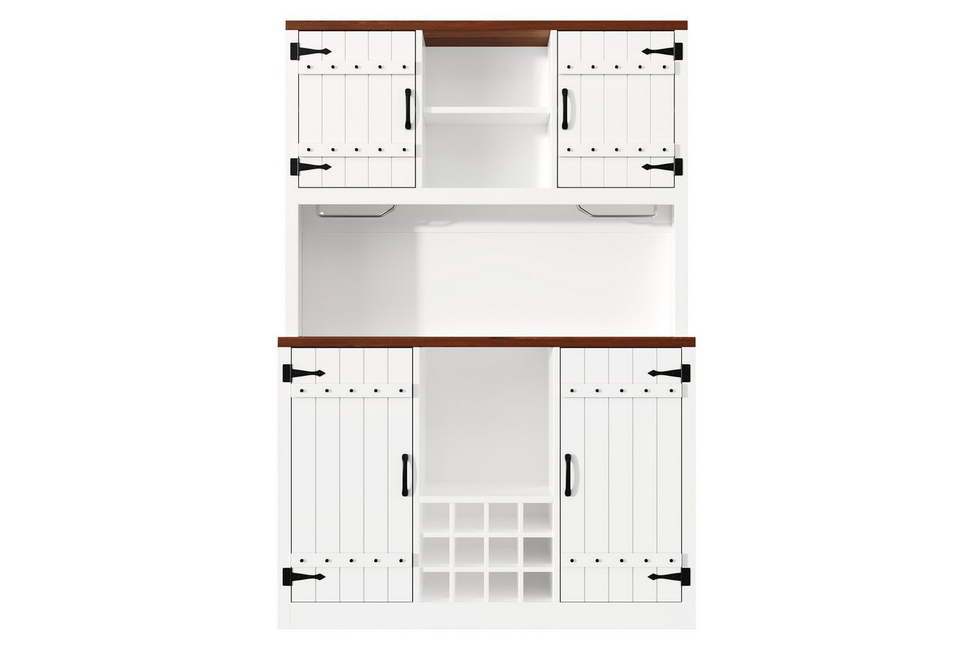 Flieks Küchenbuffet Hochschrank im Scheunentor-Stil mit LED-Beleuchtung, Weinregalen (B120/T40/H180 cm, 1-St) Küchenschrank mit Arbeitsplatte Walnussholzfarbe, verstellbare Ablagen Bild 3