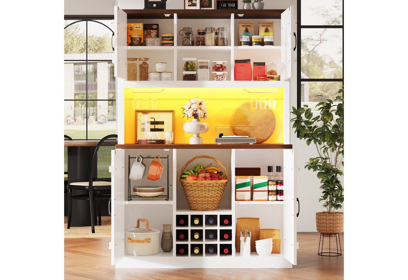 Flieks Küchenbuffet Hochschrank im Scheunentor-Stil mit LED-Beleuchtung, Weinregalen (B120/T40/H180 cm, 1-St) Küchenschrank mit Arbeitsplatte Walnussholzfarbe, verstellbare Ablagen Bild 4