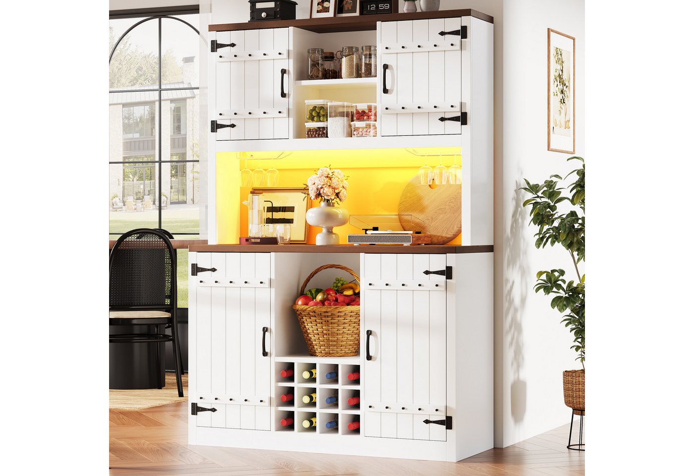 Flieks Küchenbuffet Hochschrank im Scheunentor-Stil mit LED-Beleuchtung, Weinregalen (B120/T40/H180 cm, 1-St) Küchenschrank mit Arbeitsplatte Walnussholzfarbe, verstellbare Ablagen Bild 5