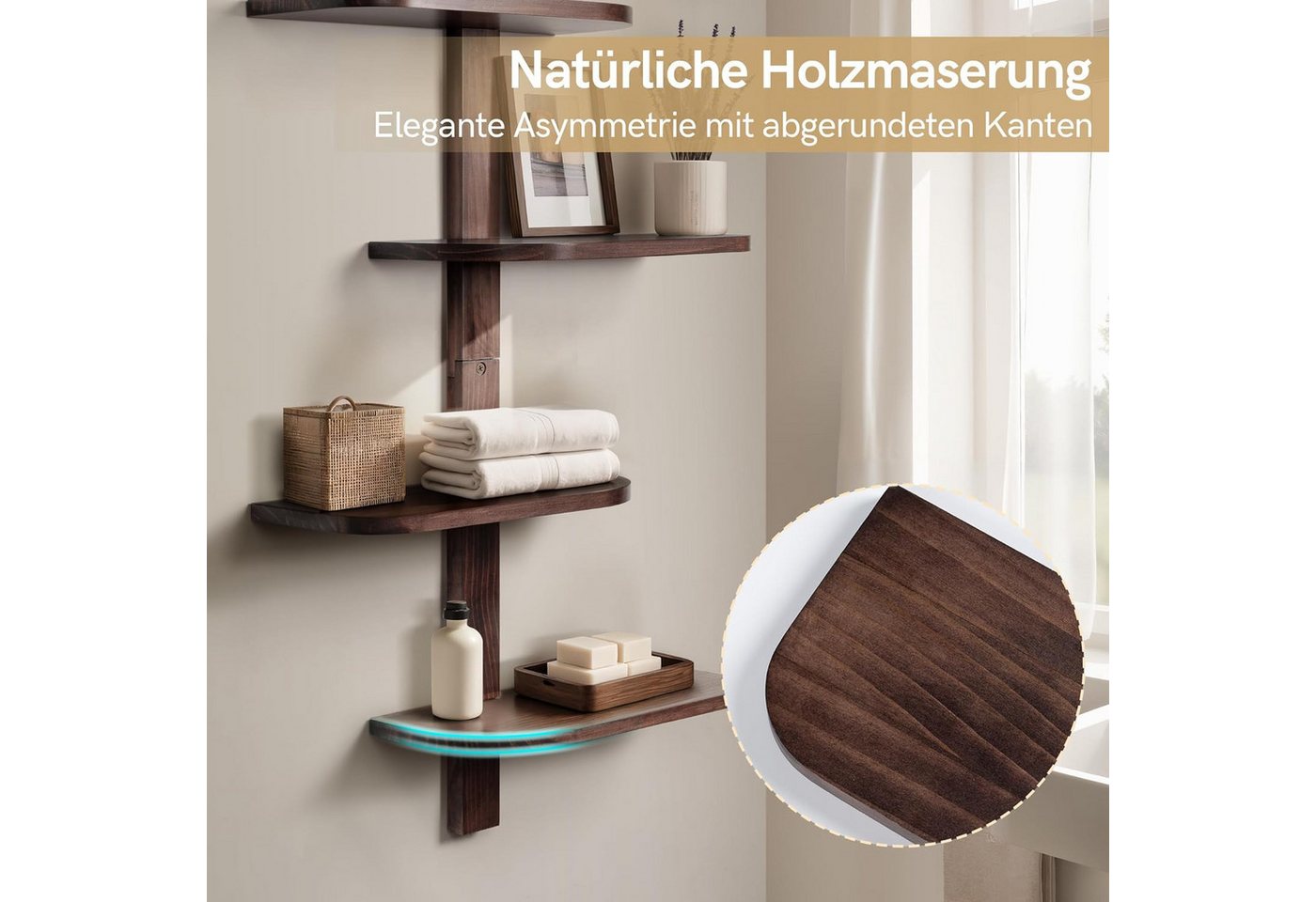 Holz Lichter Wandregal Wandregal Holz Vintage, 4 Ebenen – Vertikales Schweberegal Braun, pflegeleicht, langlebig, Vertikales Design, platzsparend für viel Stauraum