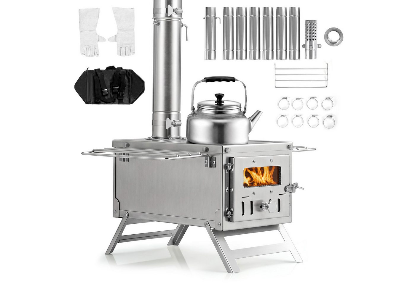 COSTWAY Holzkohlegrill Holzofen tragbar mit 7 Rauchrohren, Funkenfänger Bild 3