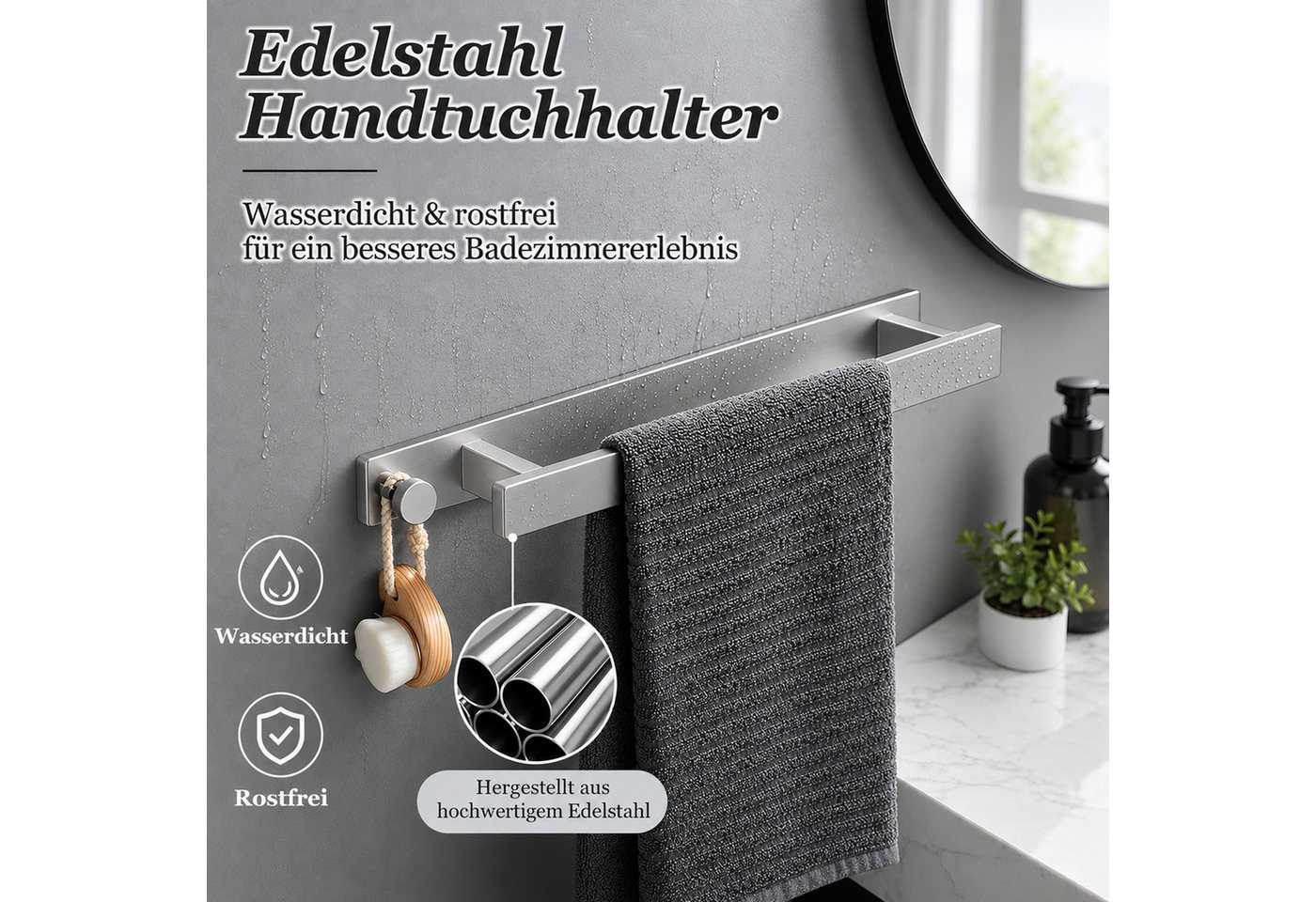 BOOD Handtuchhalter Ohne Bohren Edelstahl Handtuchstange Wandmontage mit 2 Handtuchhaken, Geschirrtuchhalter, Spültuchhalter, Bademantel Halter, für Bad Küche