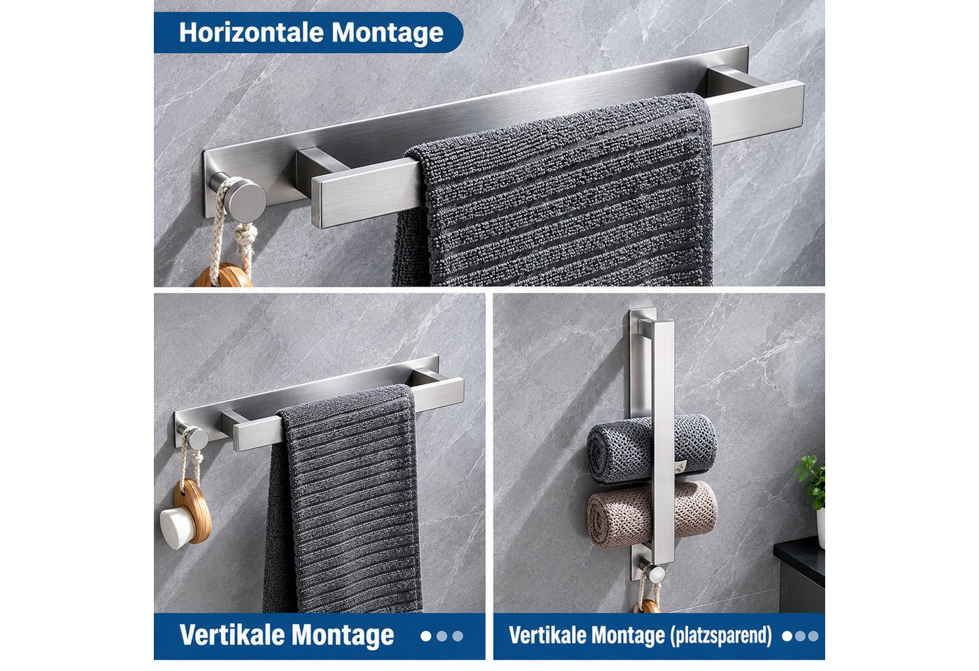 BOOD Handtuchhalter Ohne Bohren Edelstahl Handtuchstange Wandmontage mit 2 Handtuchhaken, Geschirrtuchhalter, Spültuchhalter, Bademantel Halter, für Bad Küche Bild 3