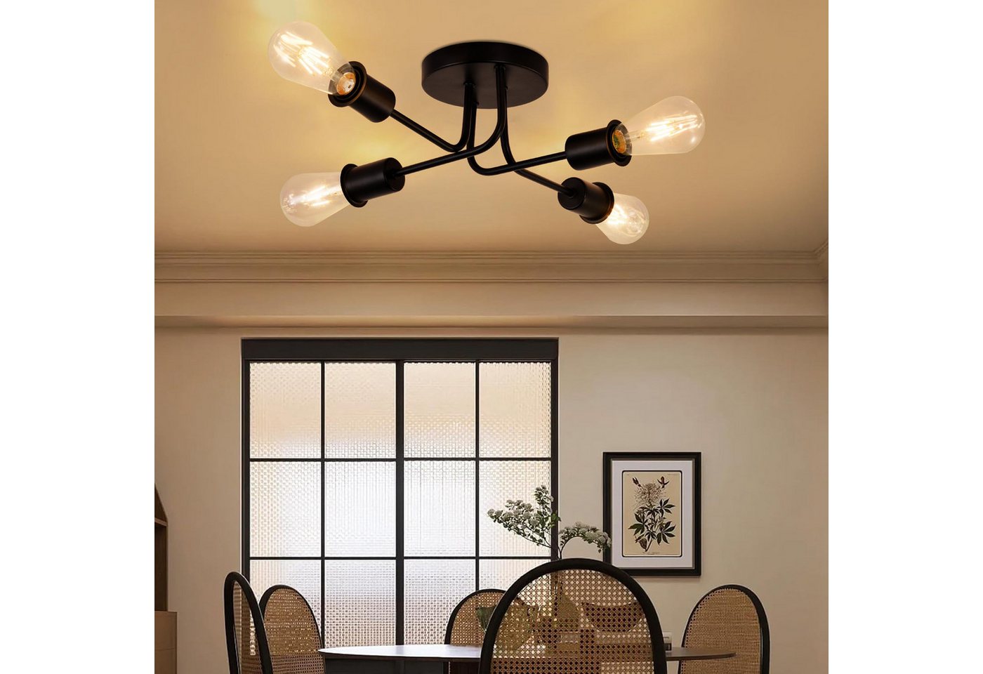 Nettlife Deckenleuchte Vintage Schwarz 3/4 Flammig E27 Rustikaler Wonhzimmerlampe, ohne Leuchtmittel, Industrie Deckenlampe für Wohnzimmer Schlafzimmer Küche