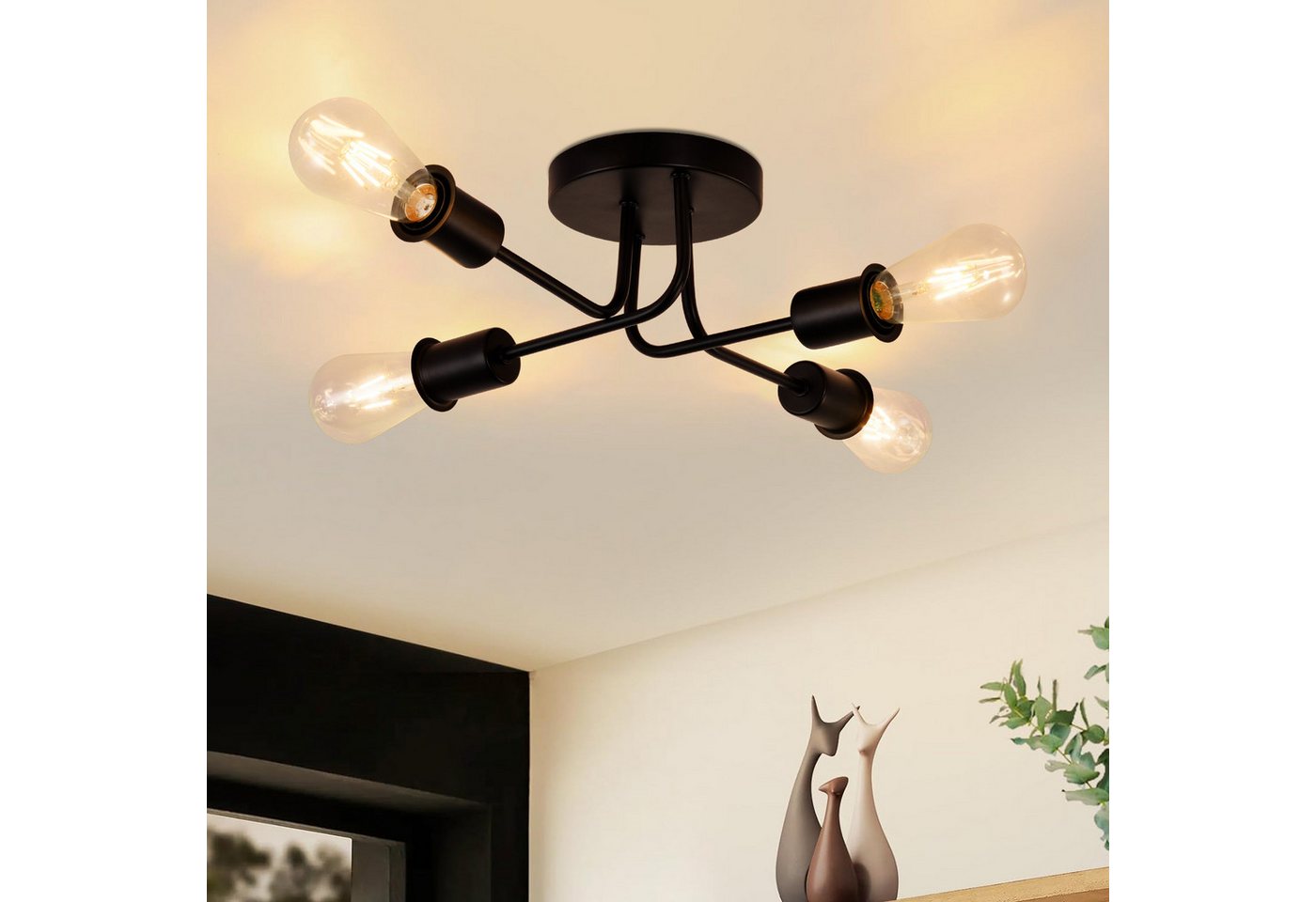 Nettlife Deckenleuchte Vintage Schwarz 3/4 Flammig E27 Rustikaler Wonhzimmerlampe, ohne Leuchtmittel, Industrie Deckenlampe für Wohnzimmer Schlafzimmer Küche Bild 3