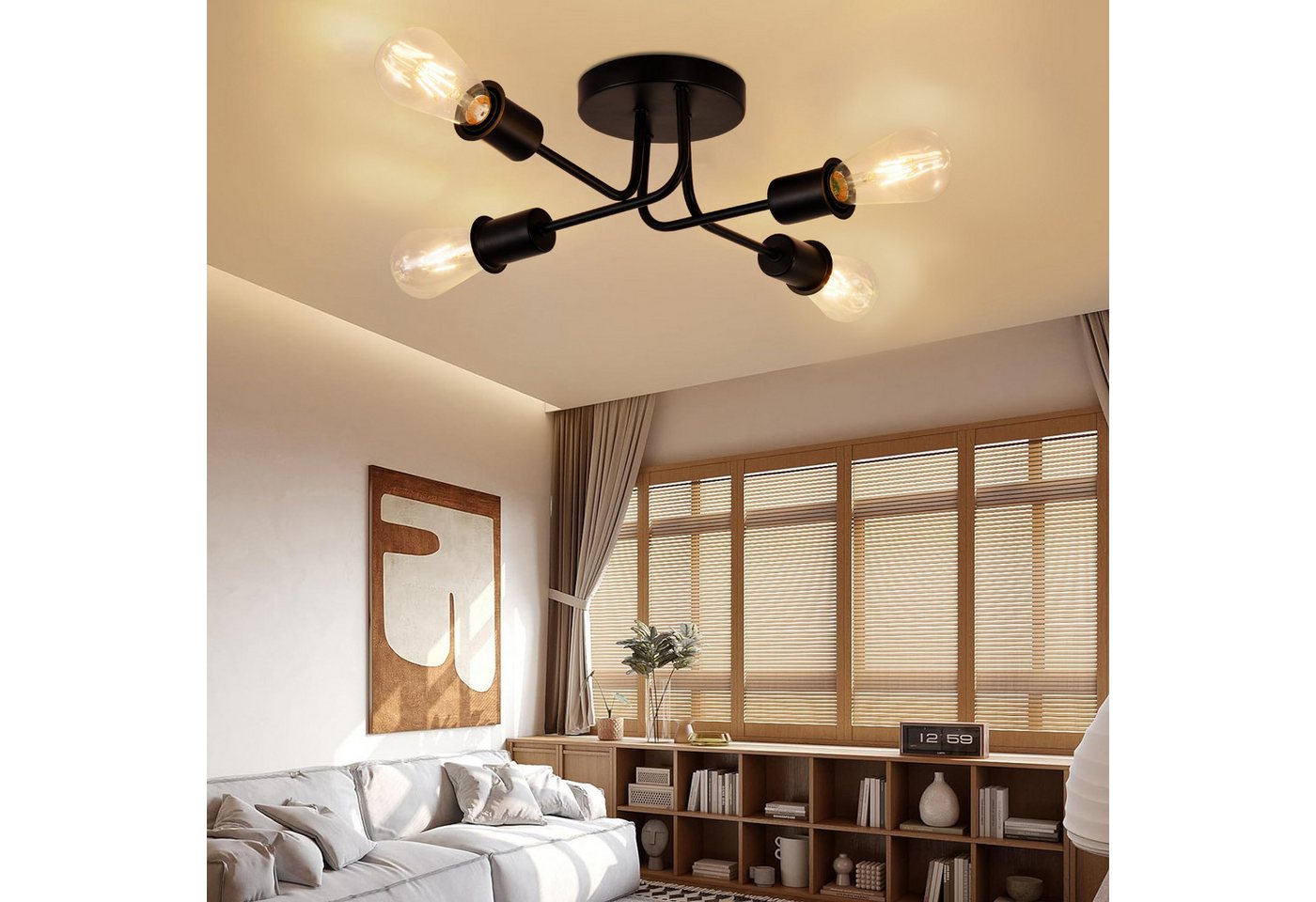 Nettlife Deckenleuchte Vintage Schwarz 3/4 Flammig E27 Rustikaler Wonhzimmerlampe, ohne Leuchtmittel, Industrie Deckenlampe für Wohnzimmer Schlafzimmer Küche Bild 4