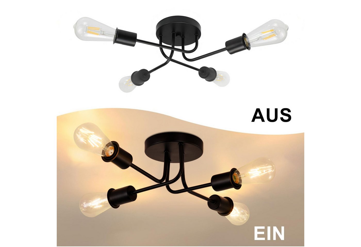 Nettlife Deckenleuchte Vintage Schwarz 3/4 Flammig E27 Rustikaler Wonhzimmerlampe, ohne Leuchtmittel, Industrie Deckenlampe für Wohnzimmer Schlafzimmer Küche Bild 5